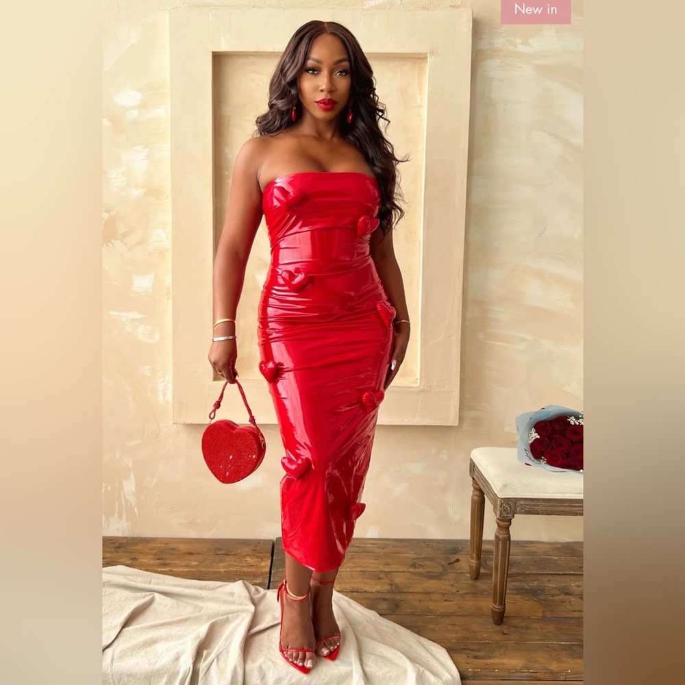 3D Heart Red Strapless Bodycon Dress